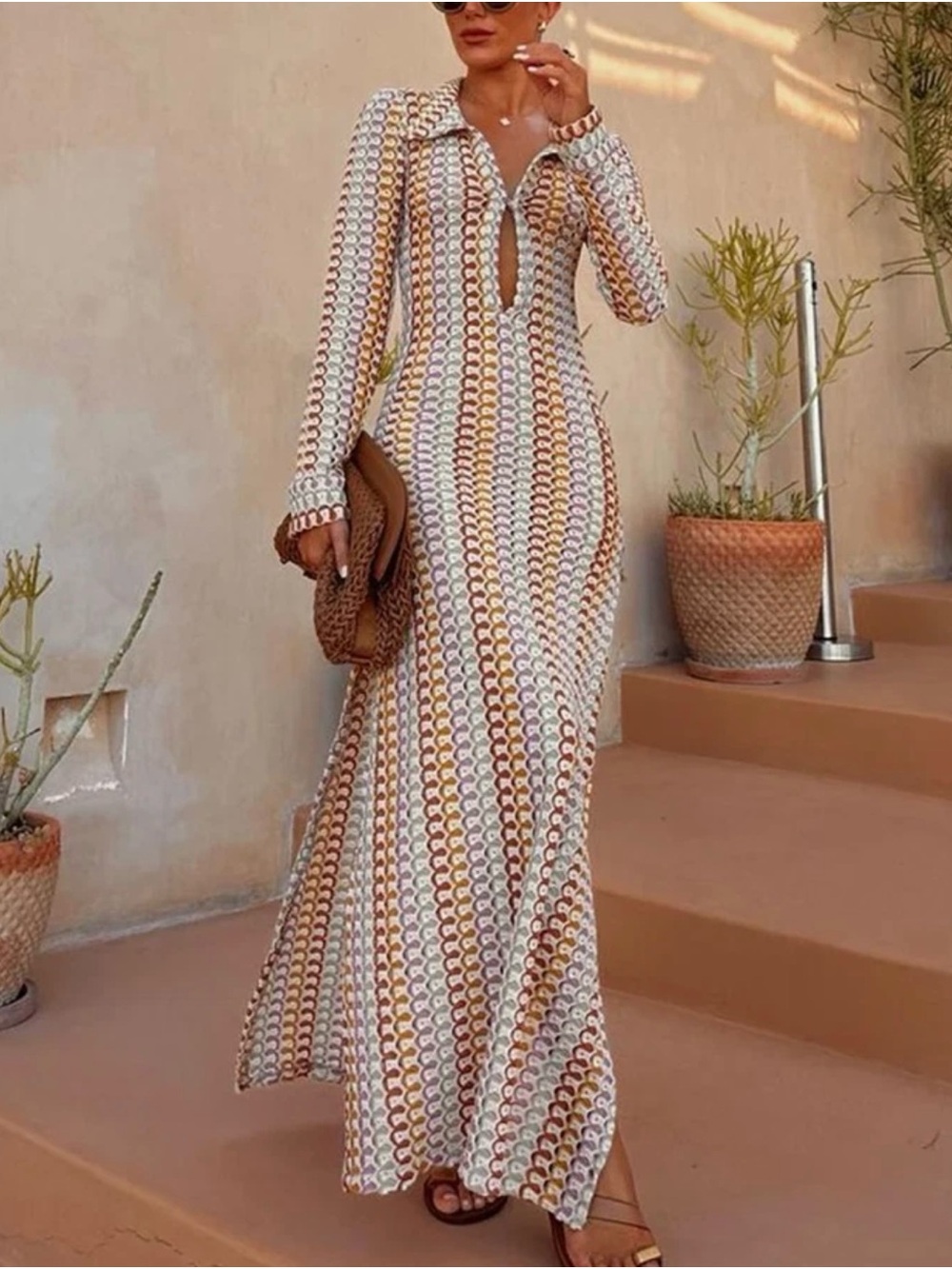 Striped Crochet Maxi Dress see through cover up multicolor small